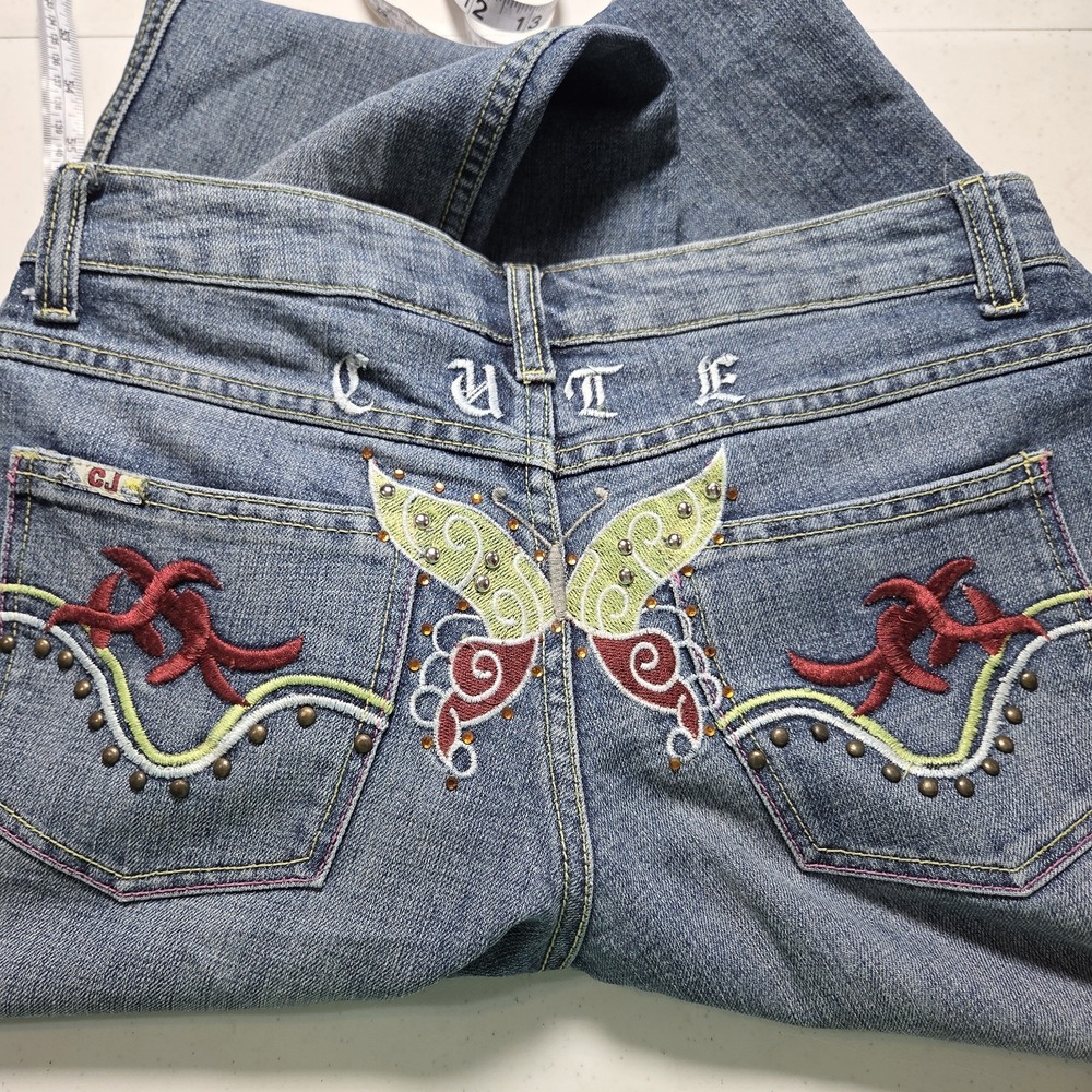 Crest Jeans Womens Flare Denim Y2K Embroidered Butterfly Studded Jrs 5/6 Fairy - Picture 13 of 14